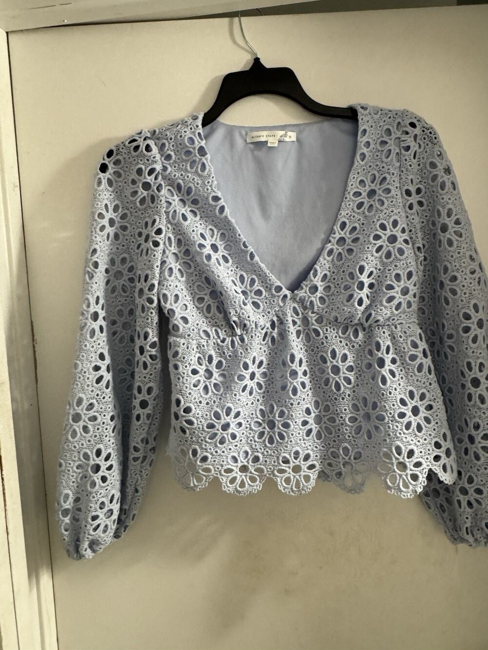 Altar'd State Eyelet Lace Peplum Top Blue Cottagecore Boho Balloon Sleeve Medium